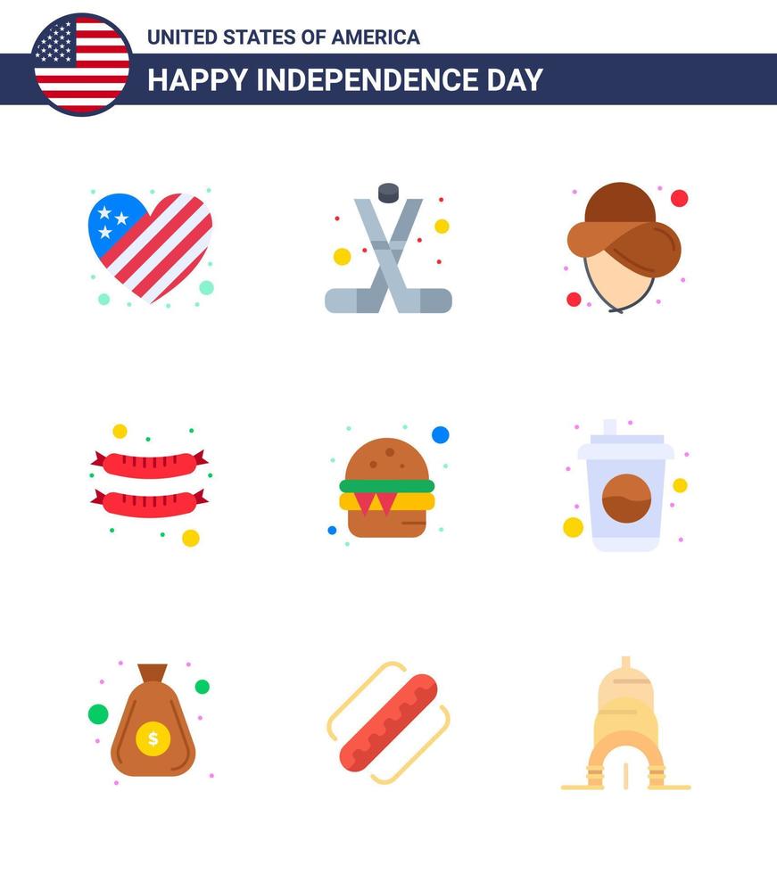 Pack of 9 creative USA Independence Day related Flats of food burger america sausage food Editable USA Day Vector Design Elements