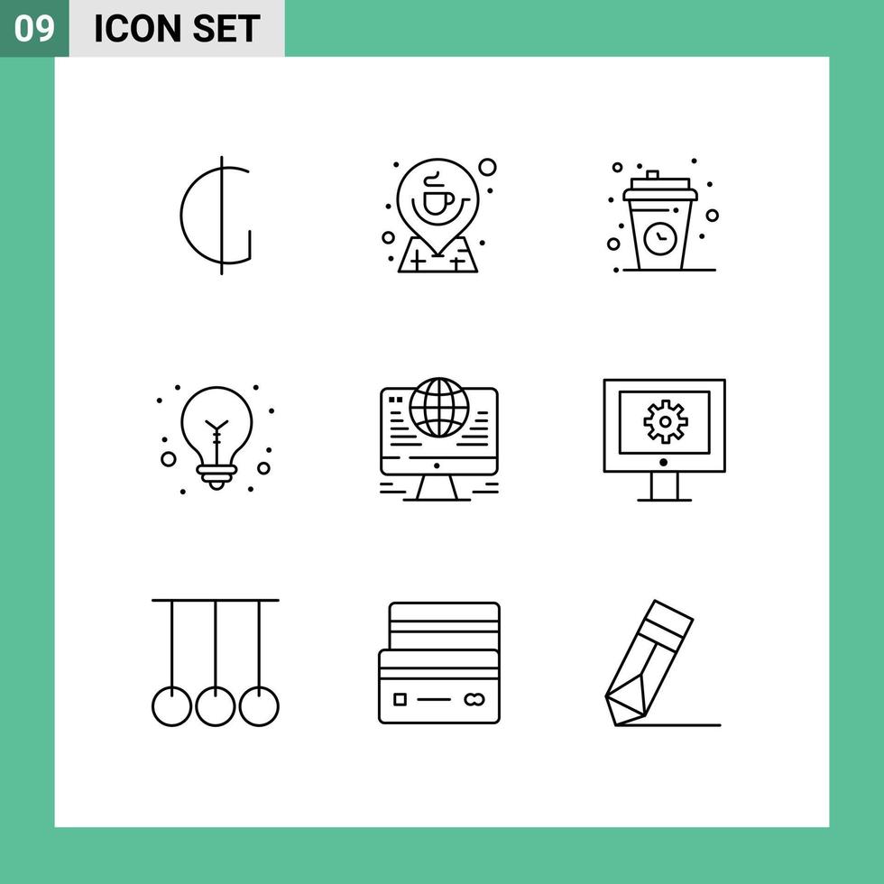 Group of 9 Outlines Signs and Symbols for computer light bulb map idea cup Editable Vector Design Elements