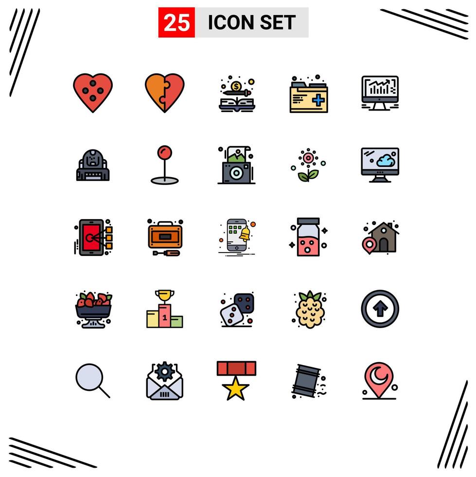 Mobile Interface Filled line Flat Color Set of 25 Pictograms of graph records book medical care Editable Vector Design Elements