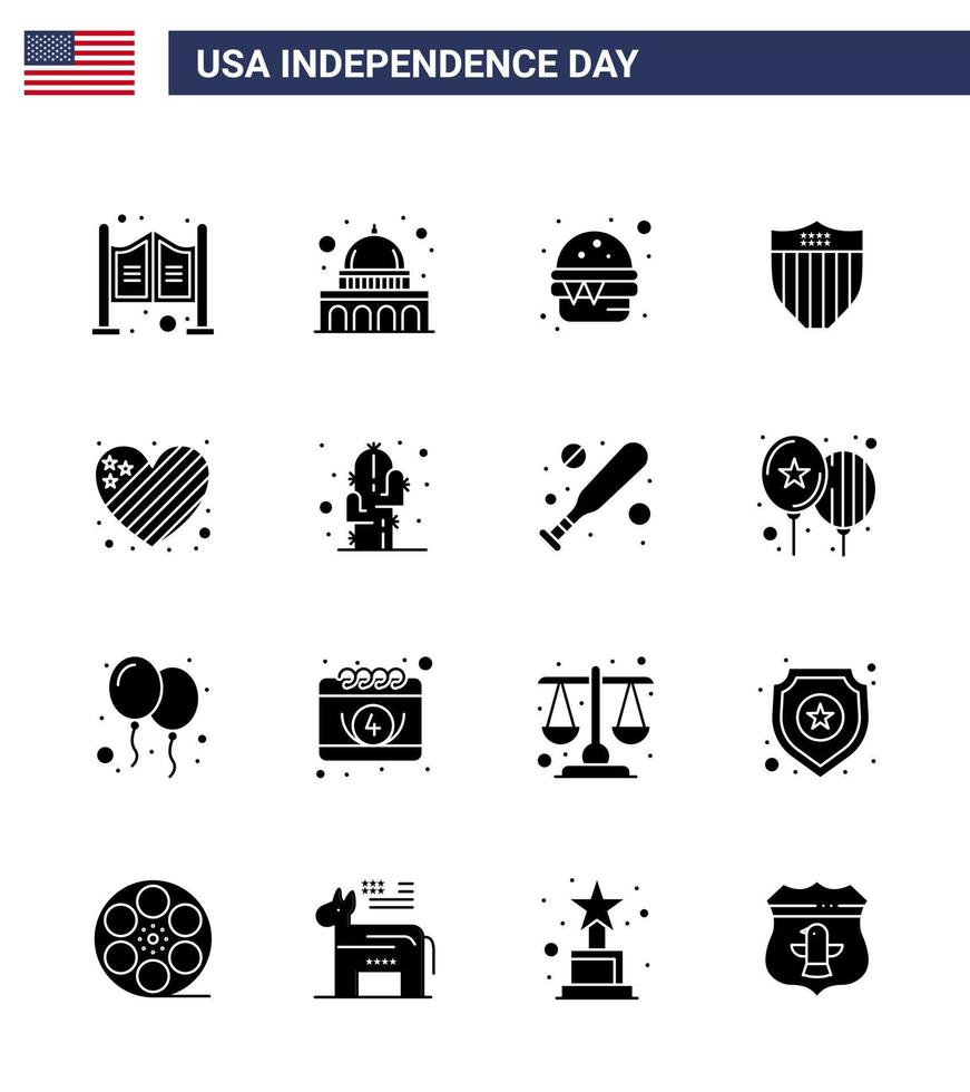 feliz día de la independencia usa paquete de 16 glifos sólidos creativos de bandera usa burger seurity american editable usa day elementos de diseño vectorial vector