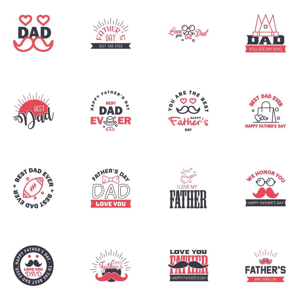 16 Black and Pink Set of Vector Happy fathers day Typography Vintage Icons Lettering for greeting cards banners tshirt design Fathers Day Editable Vector Design Elements