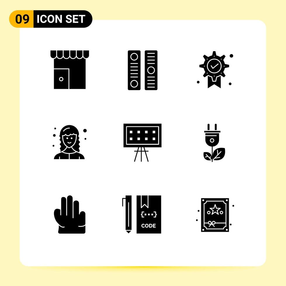 Mobile Interface Solid Glyph Set of 9 Pictograms of alphabet female web developer file cover female medal Editable Vector Design Elements
