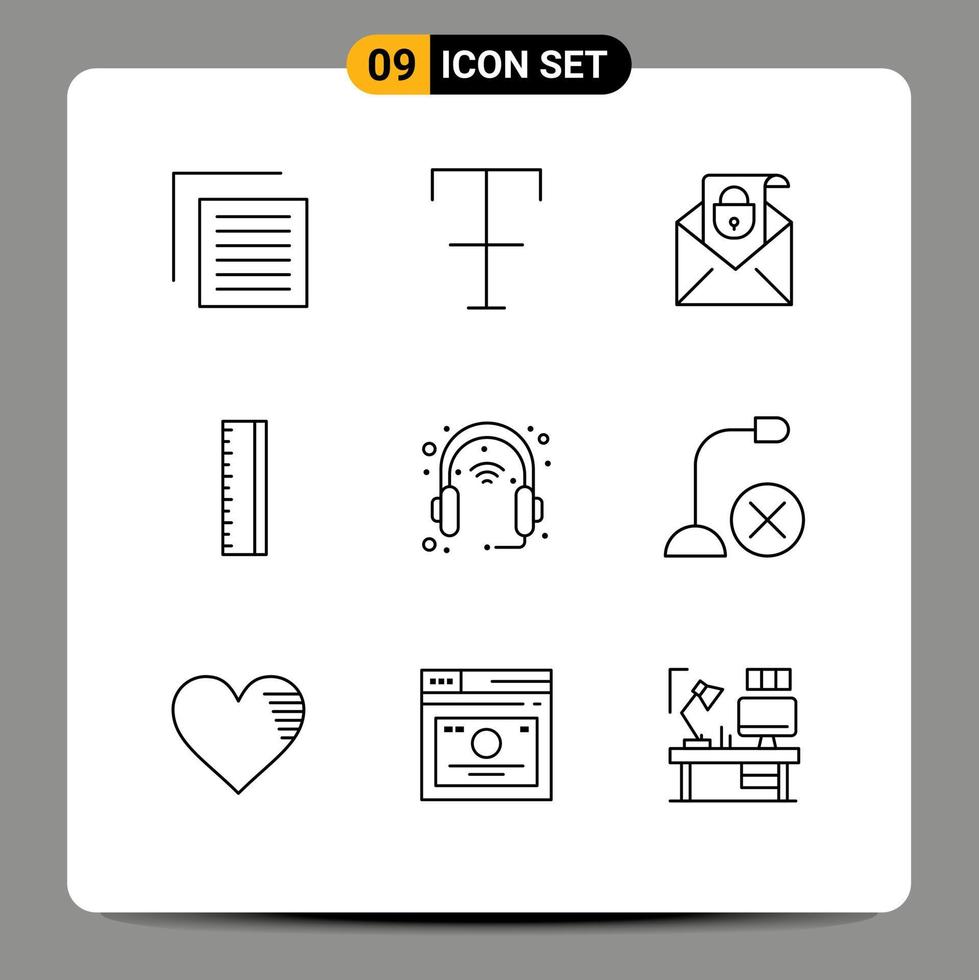 Pictogram Set of 9 Simple Outlines of headphone gadget email device ruler Editable Vector Design Elements