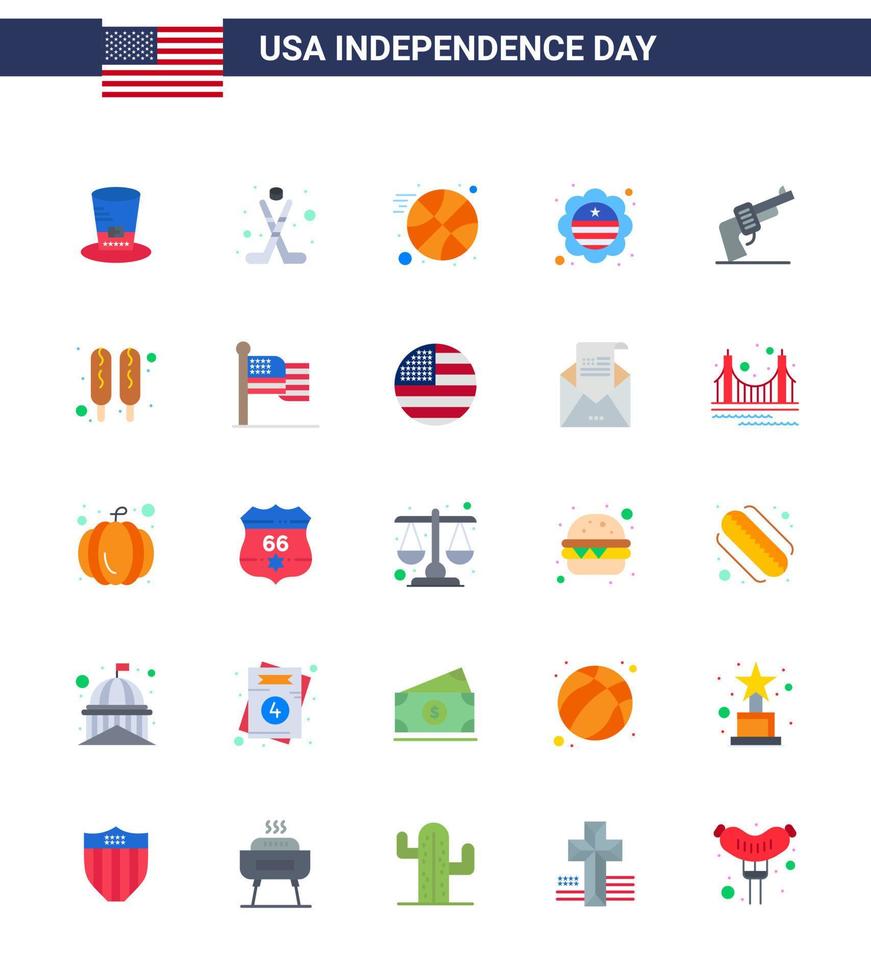 Modern Set of 25 Flats and symbols on USA Independence Day such as weapon gun basketball badge flag Editable USA Day Vector Design Elements