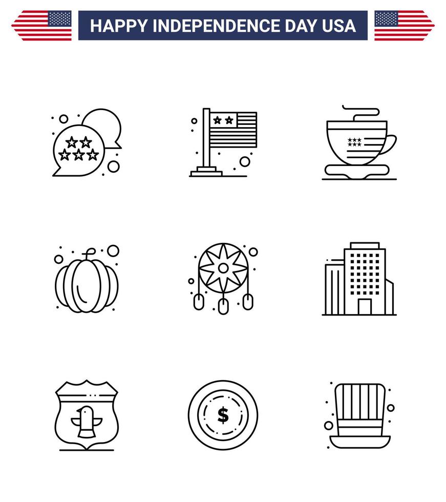 USA Happy Independence DayPictogram Set of 9 Simple Lines of western decoration tea adornment pumpkin Editable USA Day Vector Design Elements