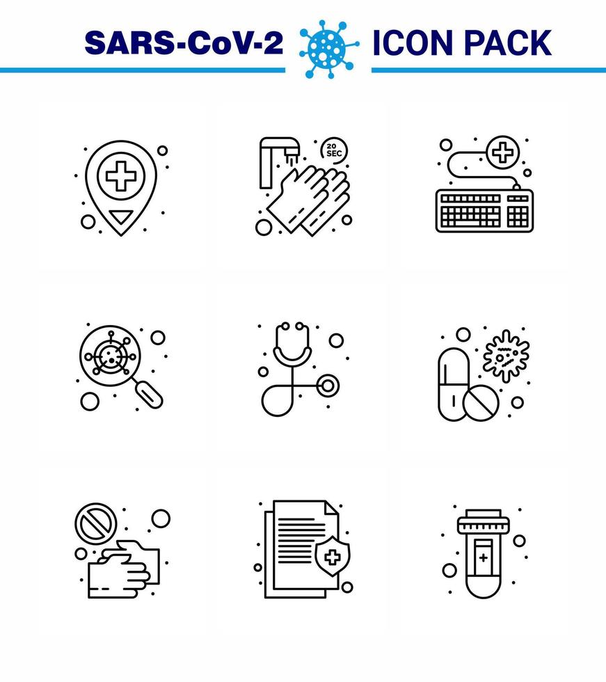 CORONAVIRUS 9 Line Icon set on the theme of Corona epidemic contains icons such as healthcare magnifying keyboard interfac devirus viral coronavirus 2019nov disease Vector Design Elements