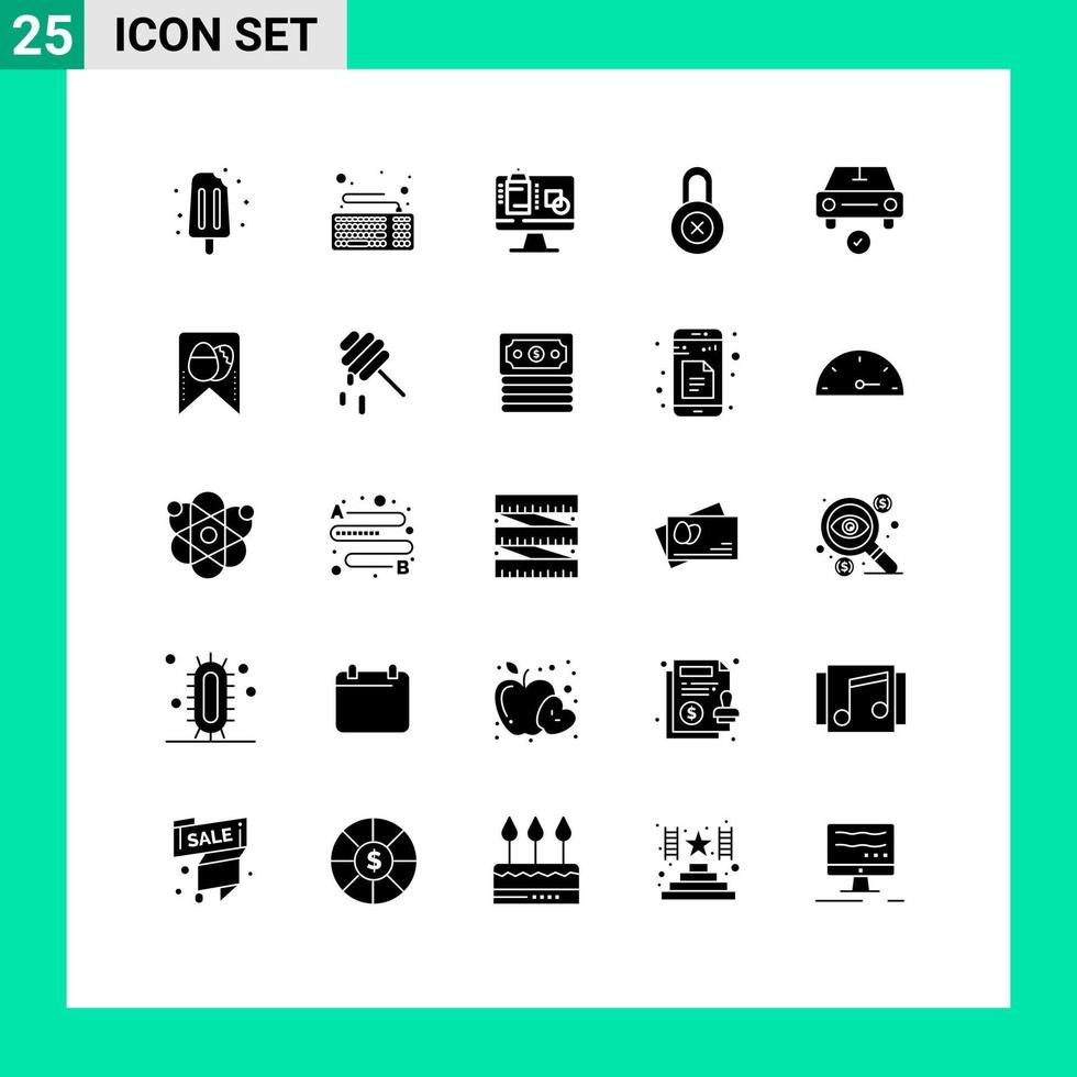 Solid Glyph Pack of 25 Universal Symbols of complete car computer protection lock Editable Vector Design Elements