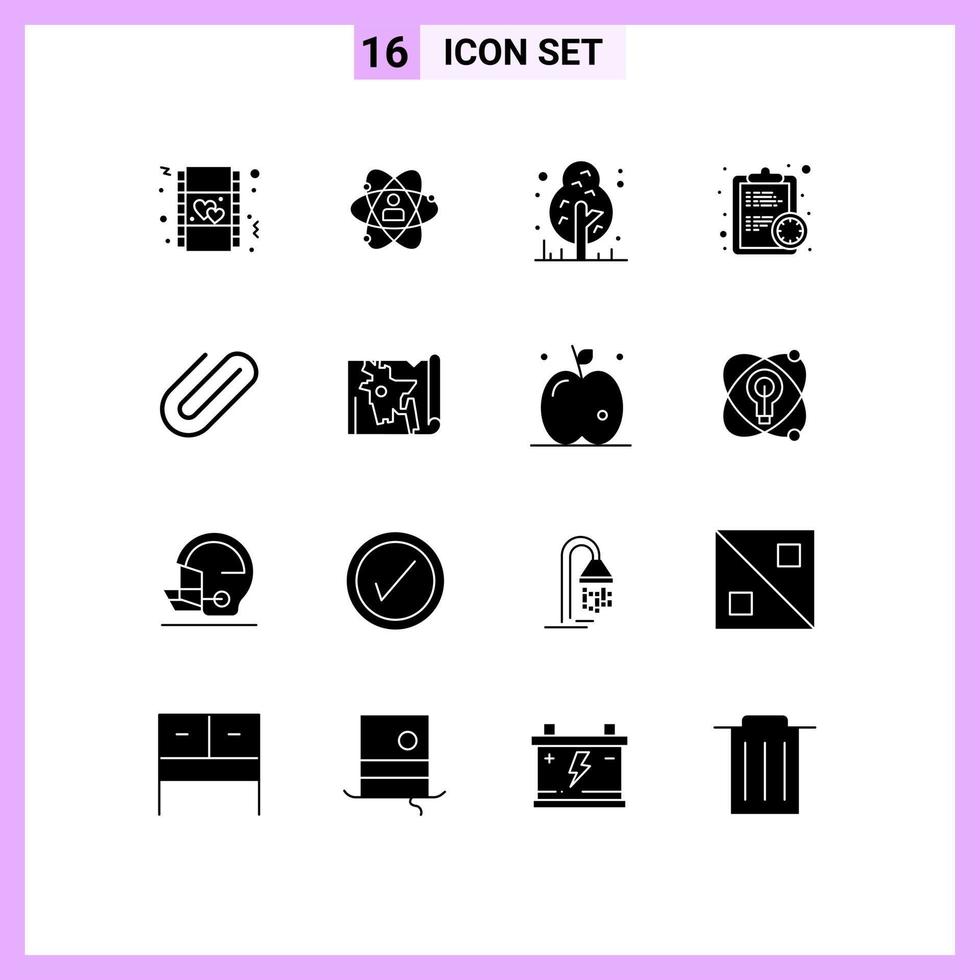 Modern Set of 16 Solid Glyphs Pictograph of efficiency clock personal tree forest Editable Vector Design Elements