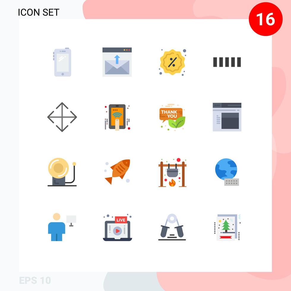 Set of 16 Commercial Flat Colors pack for arrow phone email connection sale Editable Pack of Creative Vector Design Elements