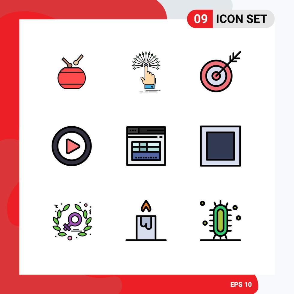 9 User Interface Filledline Flat Color Pack of modern Signs and Symbols of secure video analytic play target Editable Vector Design Elements