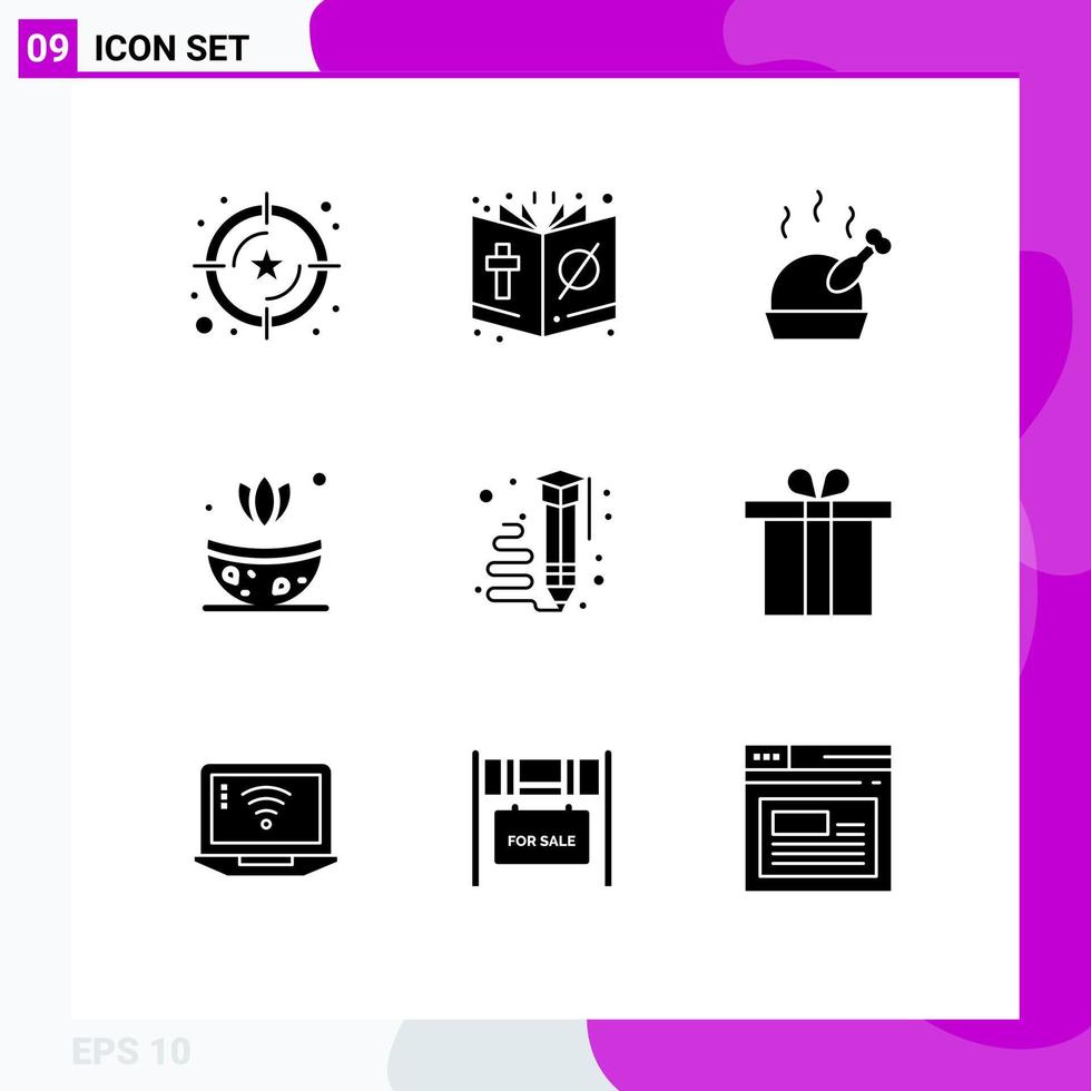 9 Thematic Vector Solid Glyphs and Editable Symbols of learning art religion herb bath Editable Vector Design Elements