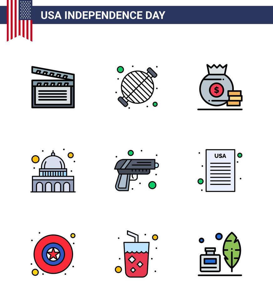 9 USA Flat Filled Line Signs Independence Day Celebration Symbols of gun usa party madison american Editable USA Day Vector Design Elements