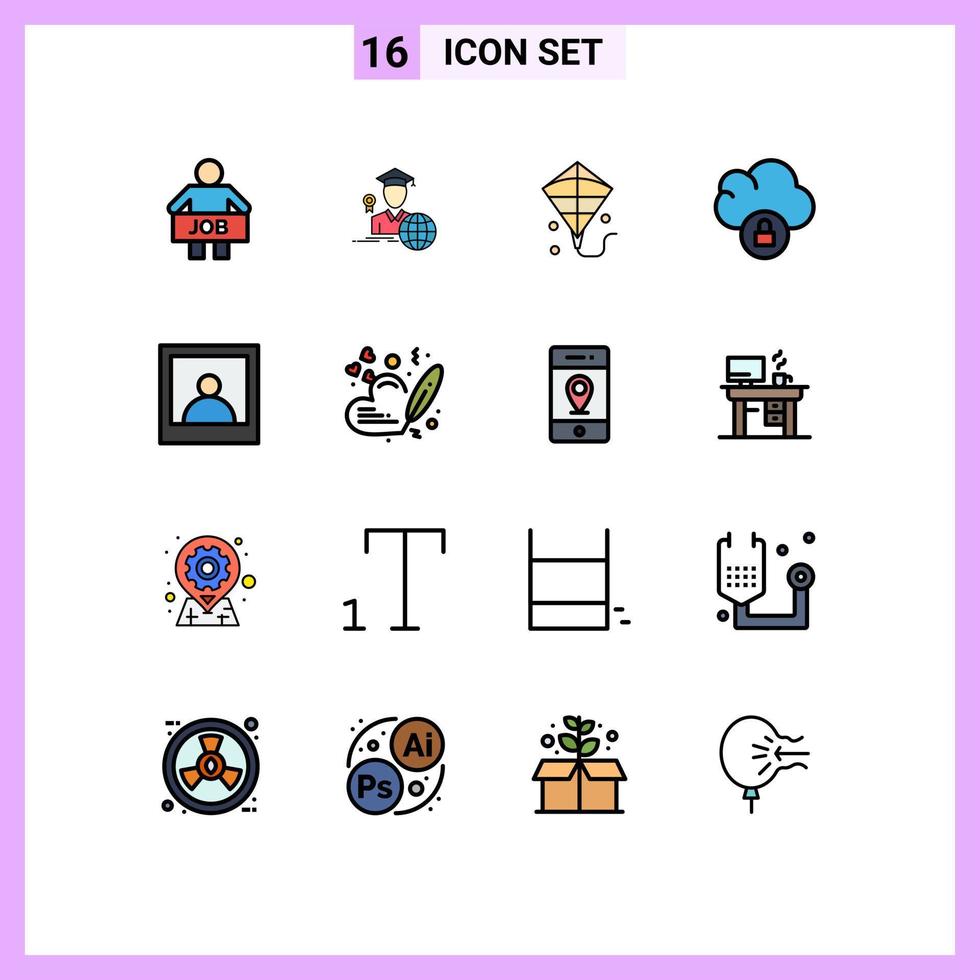 Mobile Interface Flat Color Filled Line Set of 16 Pictograms of heart man scholar lock cloud Editable Creative Vector Design Elements