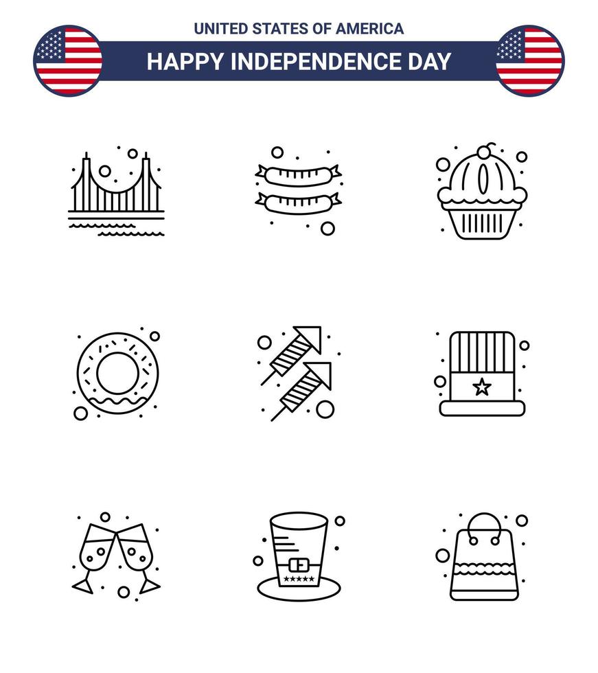 Modern Set of 9 Lines and symbols on USA Independence Day such as firework celebration american nutrition donut Editable USA Day Vector Design Elements