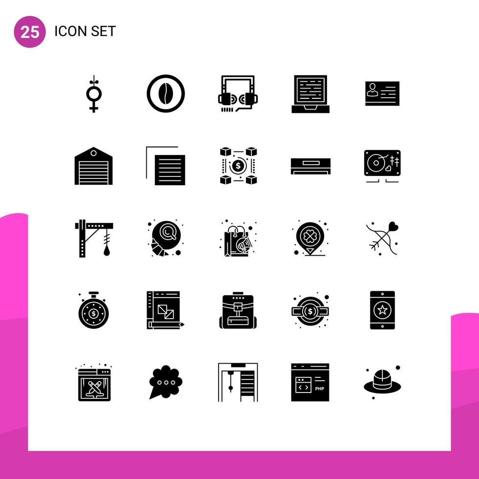 Universal Icon Symbols Group of 25 Modern Solid Glyphs of card license to work headphone design laptop Editable Vector Design Elements