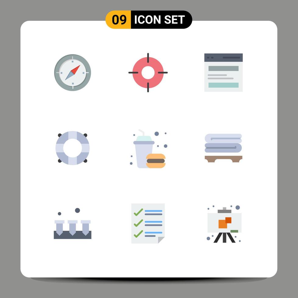 Pictogram Set of 9 Simple Flat Colors of burger lifeguard ux beach interface Editable Vector Design Elements