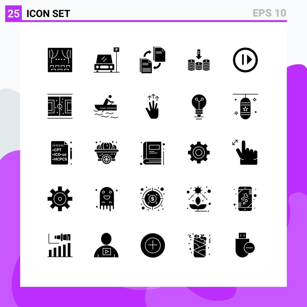 Set of 25 Commercial Solid Glyphs pack for arrow money sharing cash copying Editable Vector Design Elements