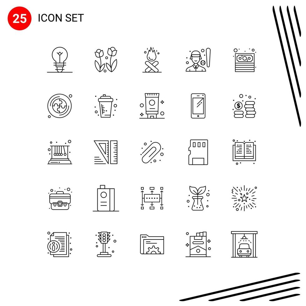 25 User Interface Line Pack of modern Signs and Symbols of cash player bonfire female baseball Editable Vector Design Elements