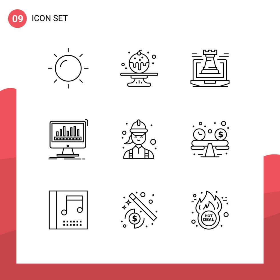 Set of 9 Modern UI Icons Symbols Signs for construction data tower dashboard analytics Editable Vector Design Elements