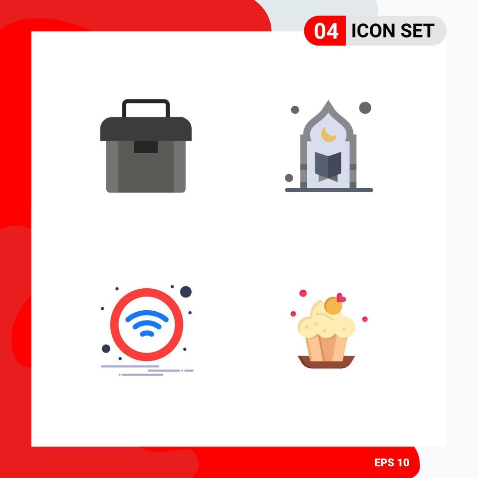 Set of 4 Commercial Flat Icons pack for briefcase technology suitcase mosque wireless Editable Vector Design Elements