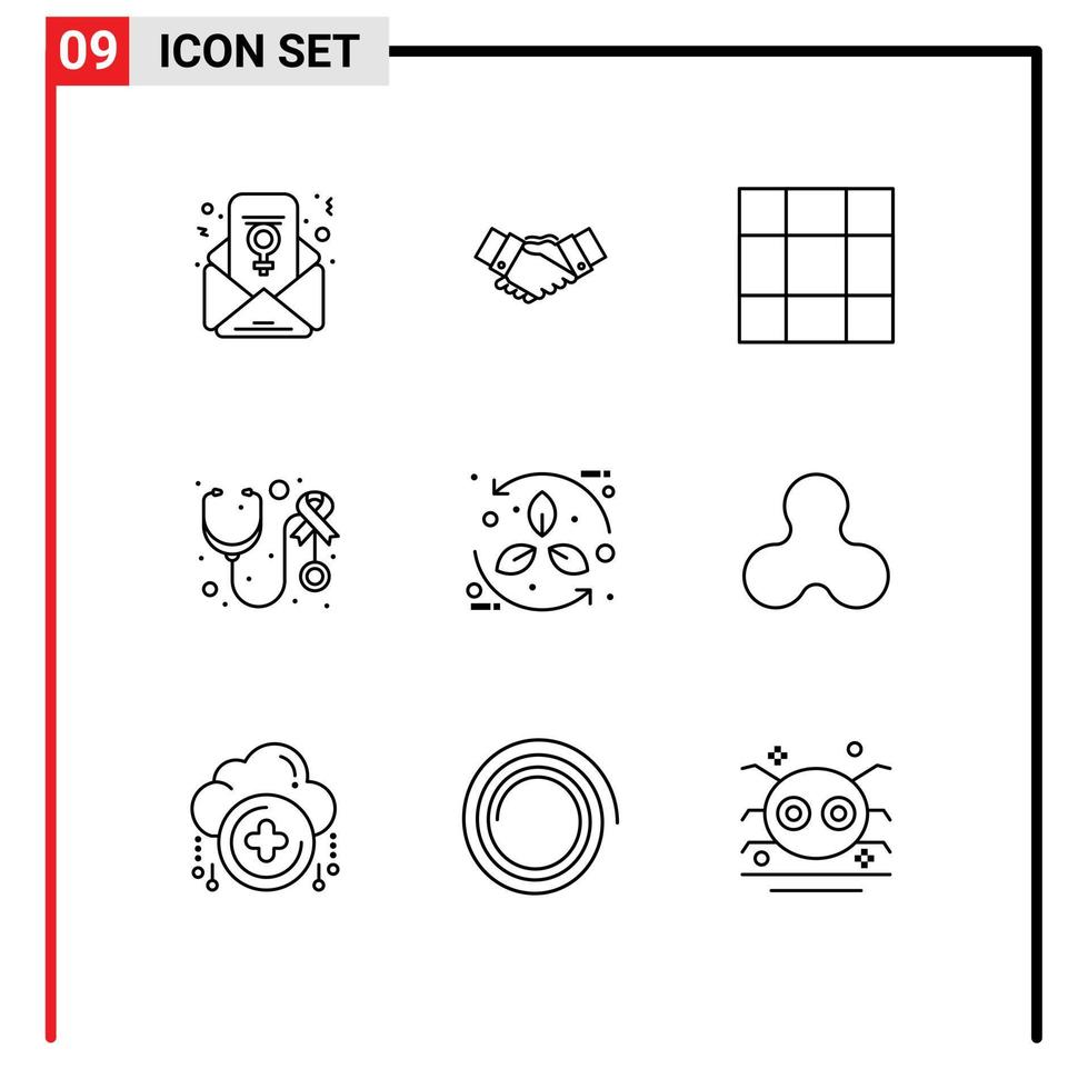Pack of 9 Modern Outlines Signs and Symbols for Web Print Media such as eco bio partnership care stethoscope Editable Vector Design Elements