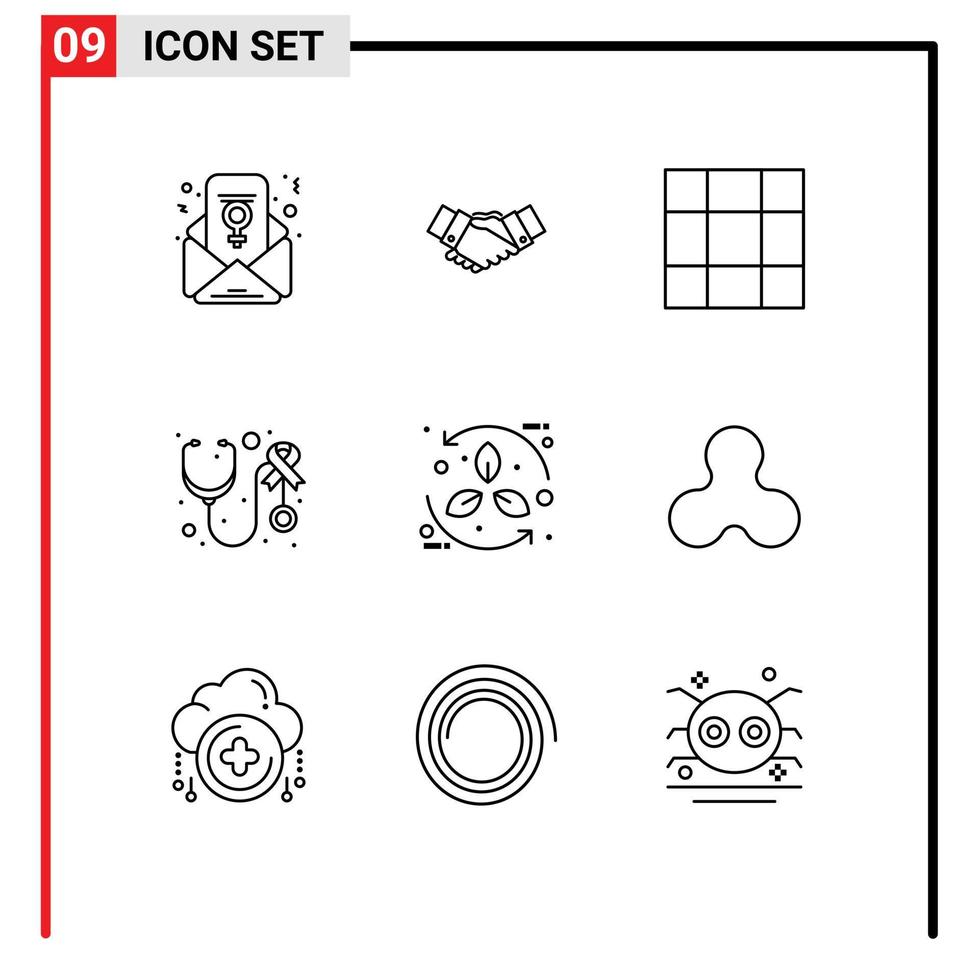 paquete de 9 signos y símbolos de contornos modernos para medios de impresión web, como elementos de diseño de vectores editables del estetoscopio para el cuidado de la asociación ecológica
