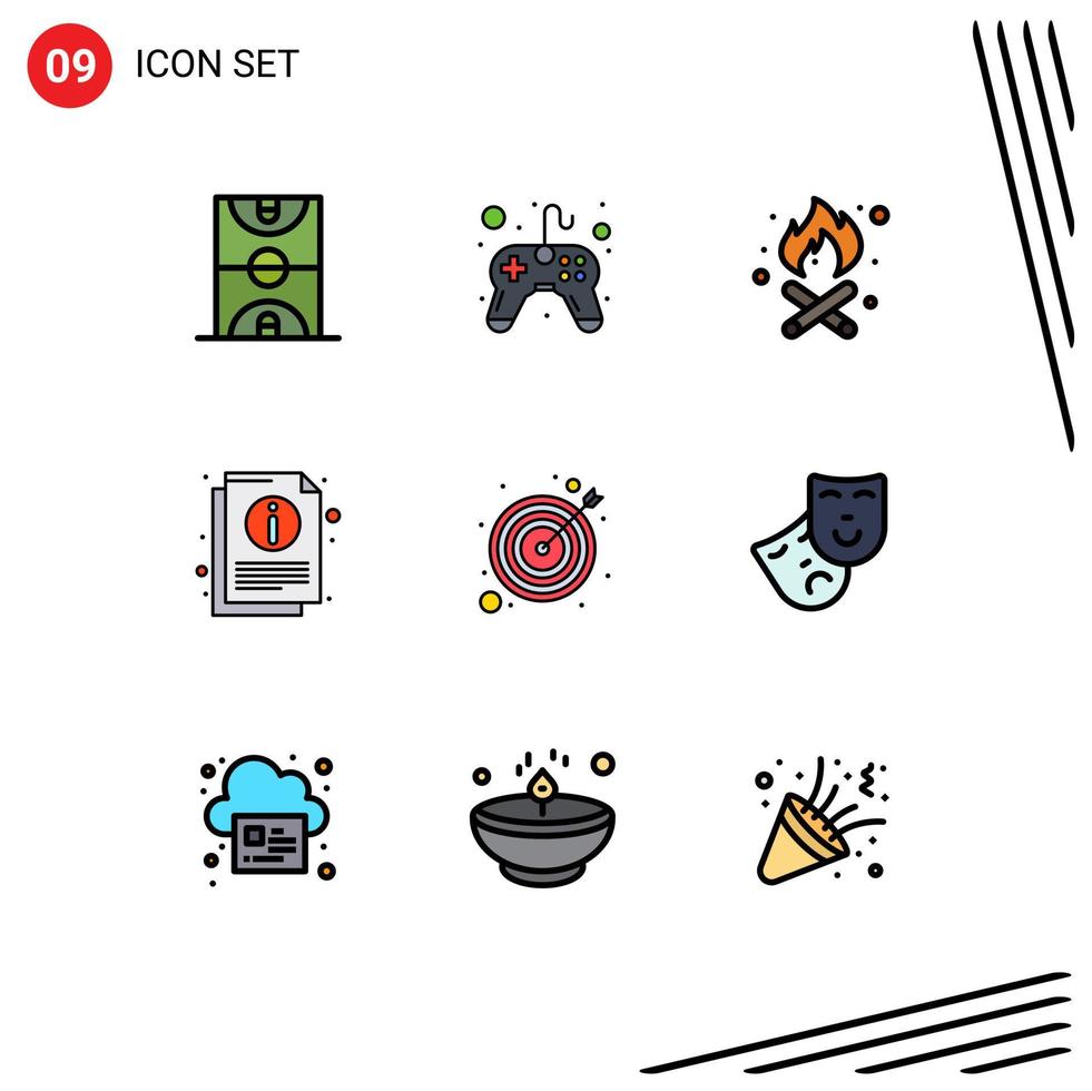 Modern Set of 9 Filledline Flat Colors and symbols such as strategy document video game sheet info Editable Vector Design Elements