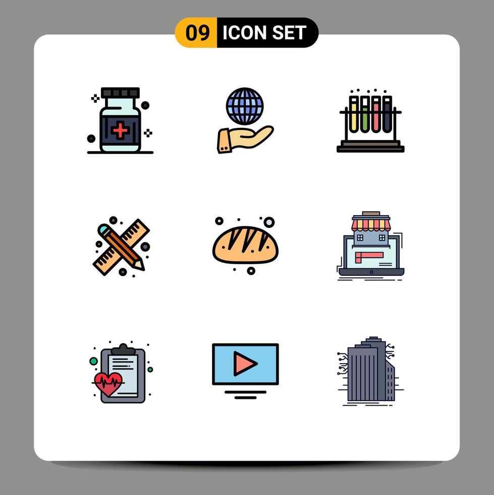 Set of 9 Vector Filledline Flat Colors on Grid for bakery pencil and ruler services drawing tools tube Editable Vector Design Elements