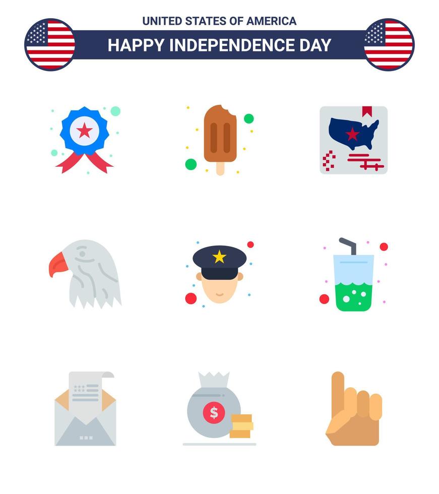 conjunto de 9 iconos del día de estados unidos símbolos americanos signos del día de la independencia para la bandera del hombre policía elementos de diseño vectorial editables del día de estados unidos vector