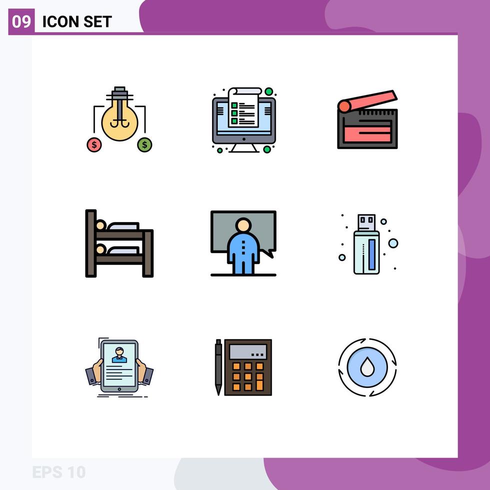 Mobile Interface Filledline Flat Color Set of 9 Pictograms of communication bunk percent bed clapper Editable Vector Design Elements