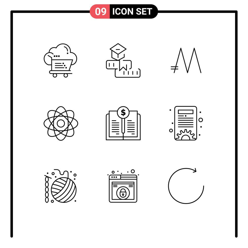 Stock Vector Icon Pack of 9 Line Signs and Symbols for laboratory biochemistry school atom crypto Editable Vector Design Elements