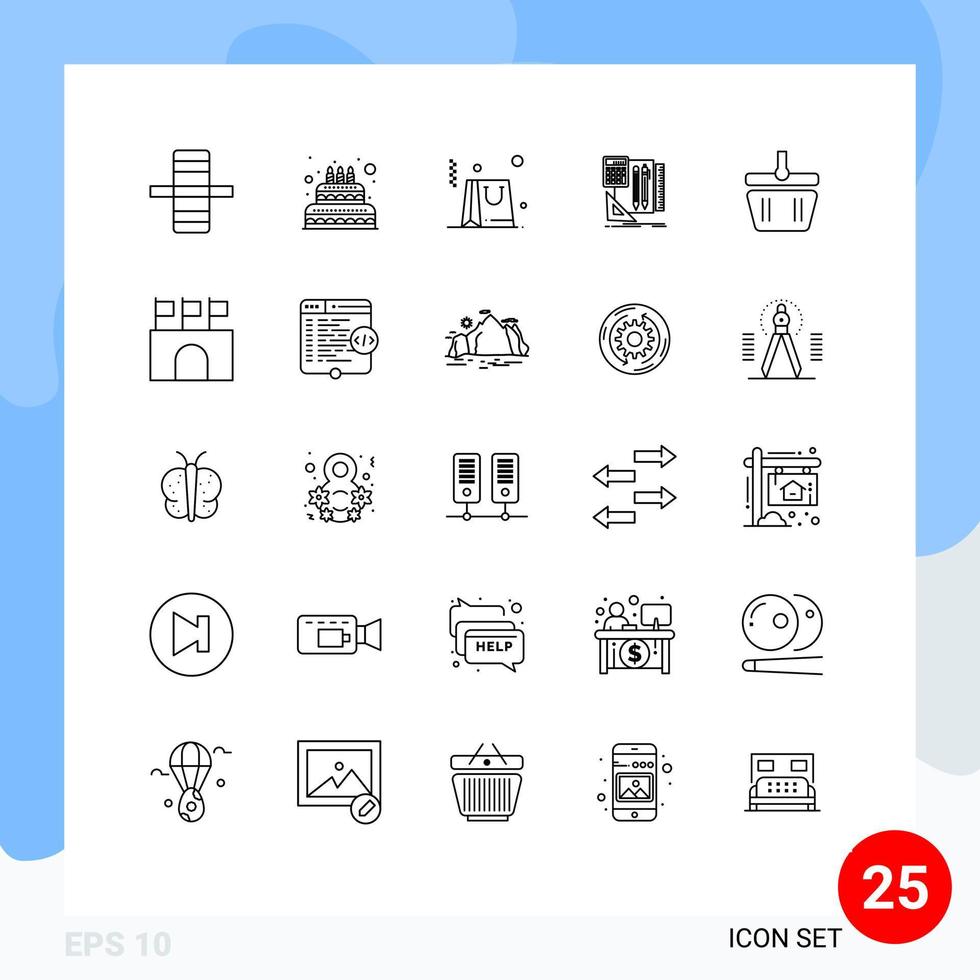 Stock Vector Icon Pack of 25 Line Signs and Symbols for spring cart business basket calculator Editable Vector Design Elements