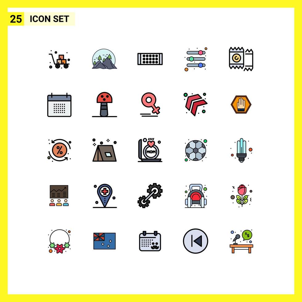Group of 25 Filled line Flat Colors Signs and Symbols for condom parameters mountain volume strip Editable Vector Design Elements