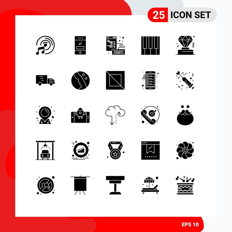 grupo de símbolos de iconos universales de 25 glifos sólidos modernos de elementos de diseño de vectores editables de audio de navegador de piano de negocios