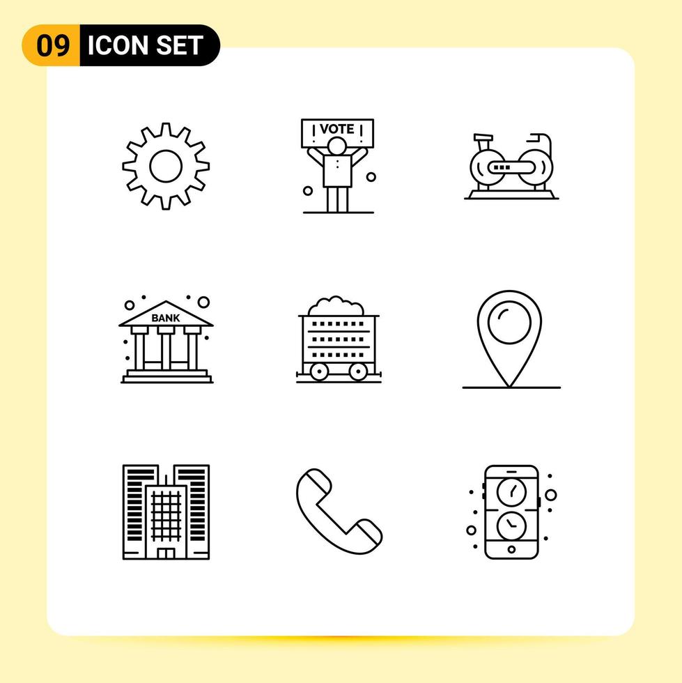 Group of 9 Outlines Signs and Symbols for barrow building cycle office bank Editable Vector Design Elements