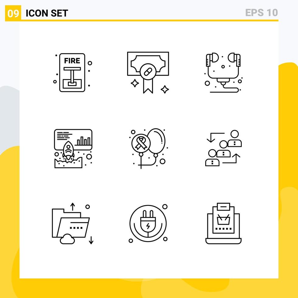 Pack of 9 Modern Outlines Signs and Symbols for Web Print Media such as cancer promote computer marketing data Editable Vector Design Elements