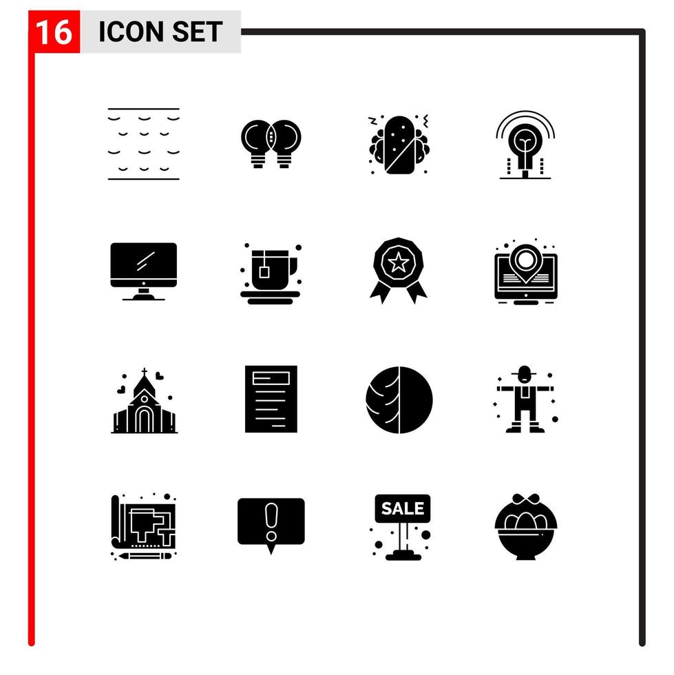 Group of 16 Solid Glyphs Signs and Symbols for imac monitor fast food computer light Editable Vector Design Elements