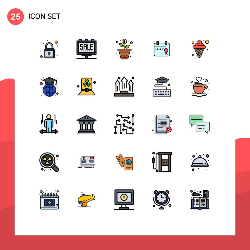 Modern Set of 25 Filled line Flat Colors Pictograph of graduation cap food growth cream operation Editable Vector Design Elements