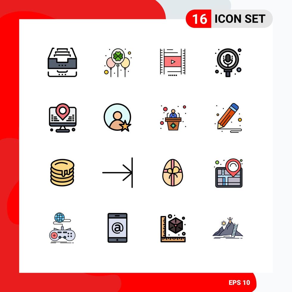 Set of 16 Vector Flat Color Filled Lines on Grid for pack microphone festival search filam Editable Creative Vector Design Elements