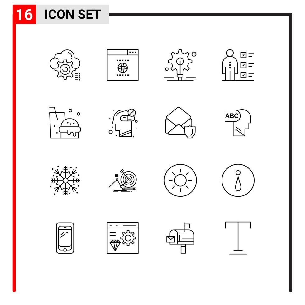 grupo de símbolos de iconos universales de 16 esquemas modernos de elementos de diseño de vectores editables de lista de verificación personal de bulbo profesional de comida rápida