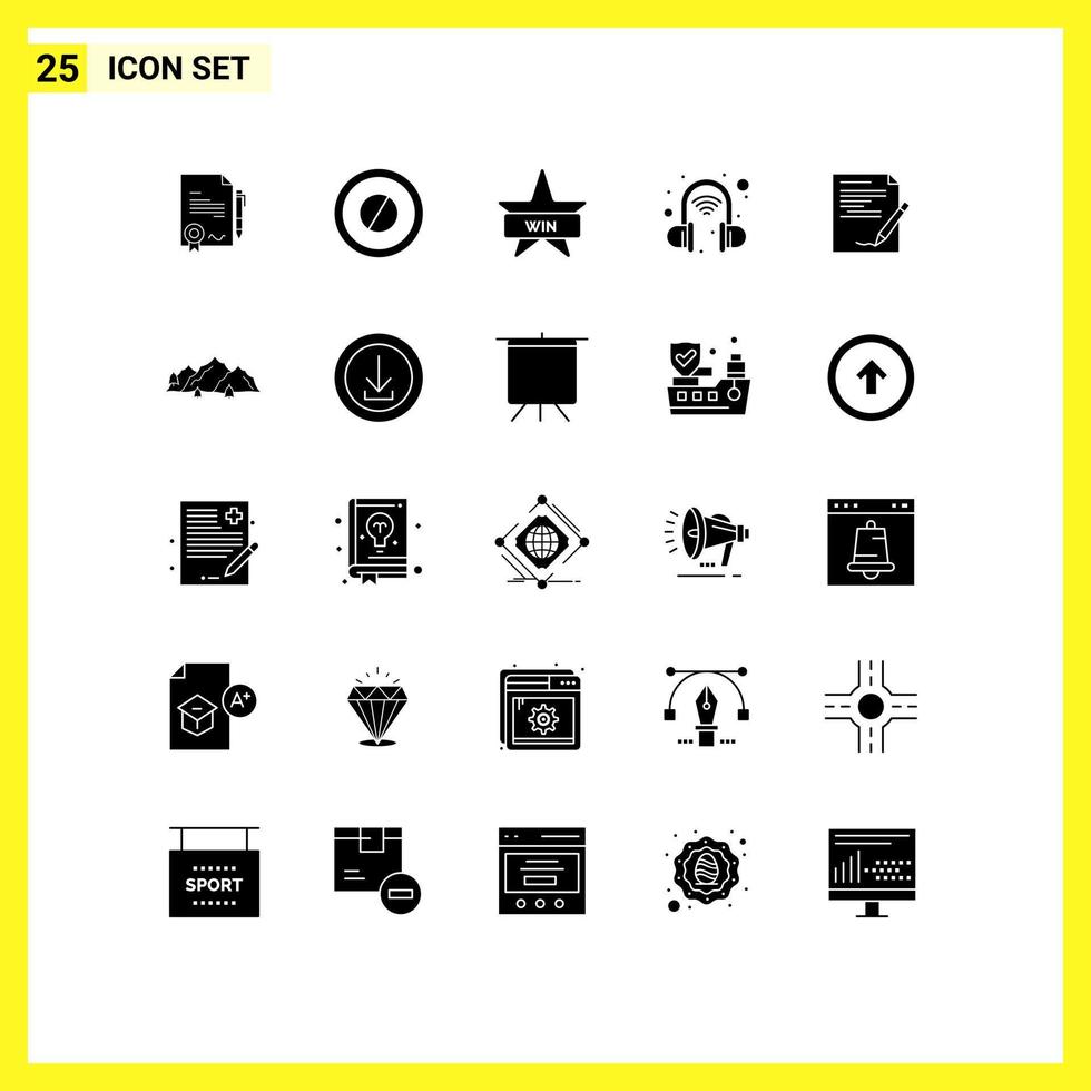 User Interface Pack of 25 Basic Solid Glyphs of note paper badges agreement technology Editable Vector Design Elements