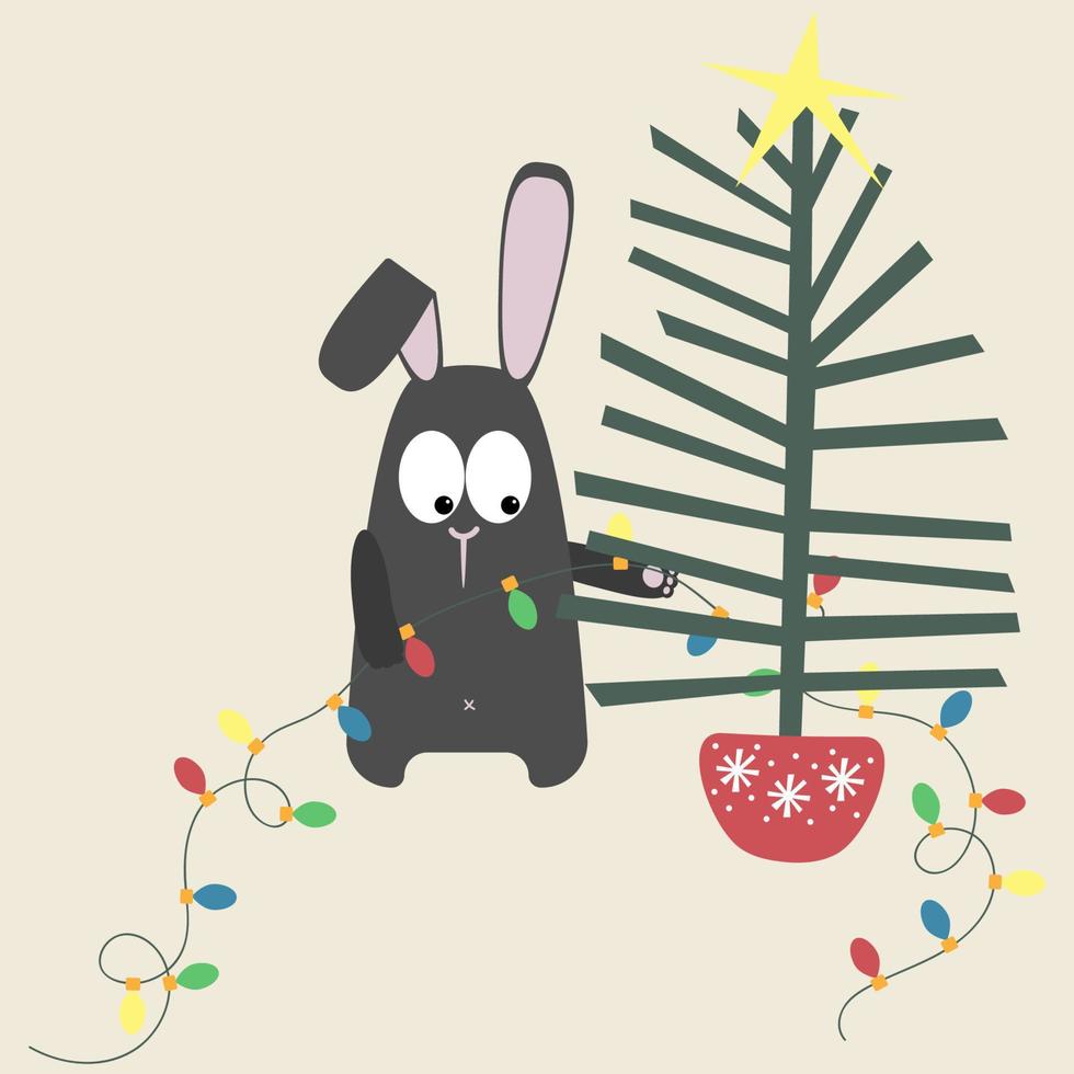 A black water rabbit decorates a Christmas tree with a garland. Vector illustration of the symbol of 2023. Chinese calendar