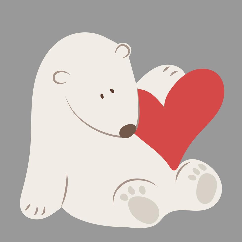 Polar bear with red heart. greeting card for holiday or Valentines day. festive clip art vector