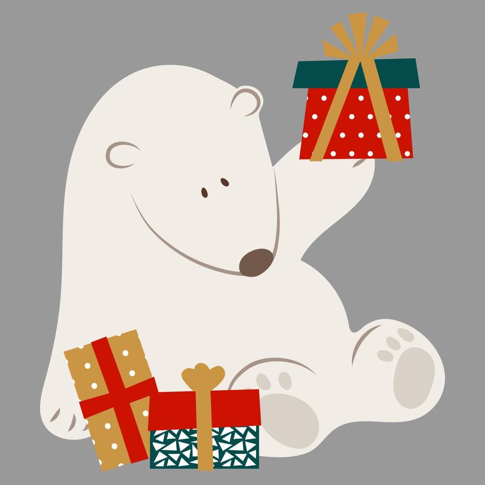Polar bear with gifts. greeting card for xmas or new year. festive clip art on grey background vector