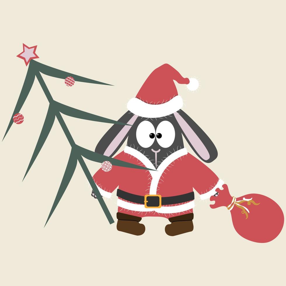 A black water rabbit in a santa costume with Christmas tree and bag with presents. Vector illustration of the symbol of 2023. Chinese calendar