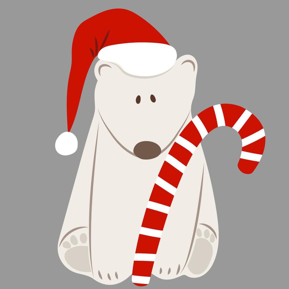 oso polar con sombrero de santa con bastón de caramelo sobre fondo gris. imágenes prediseñadas festivas para la tarjeta de navidad o año nuevo vector