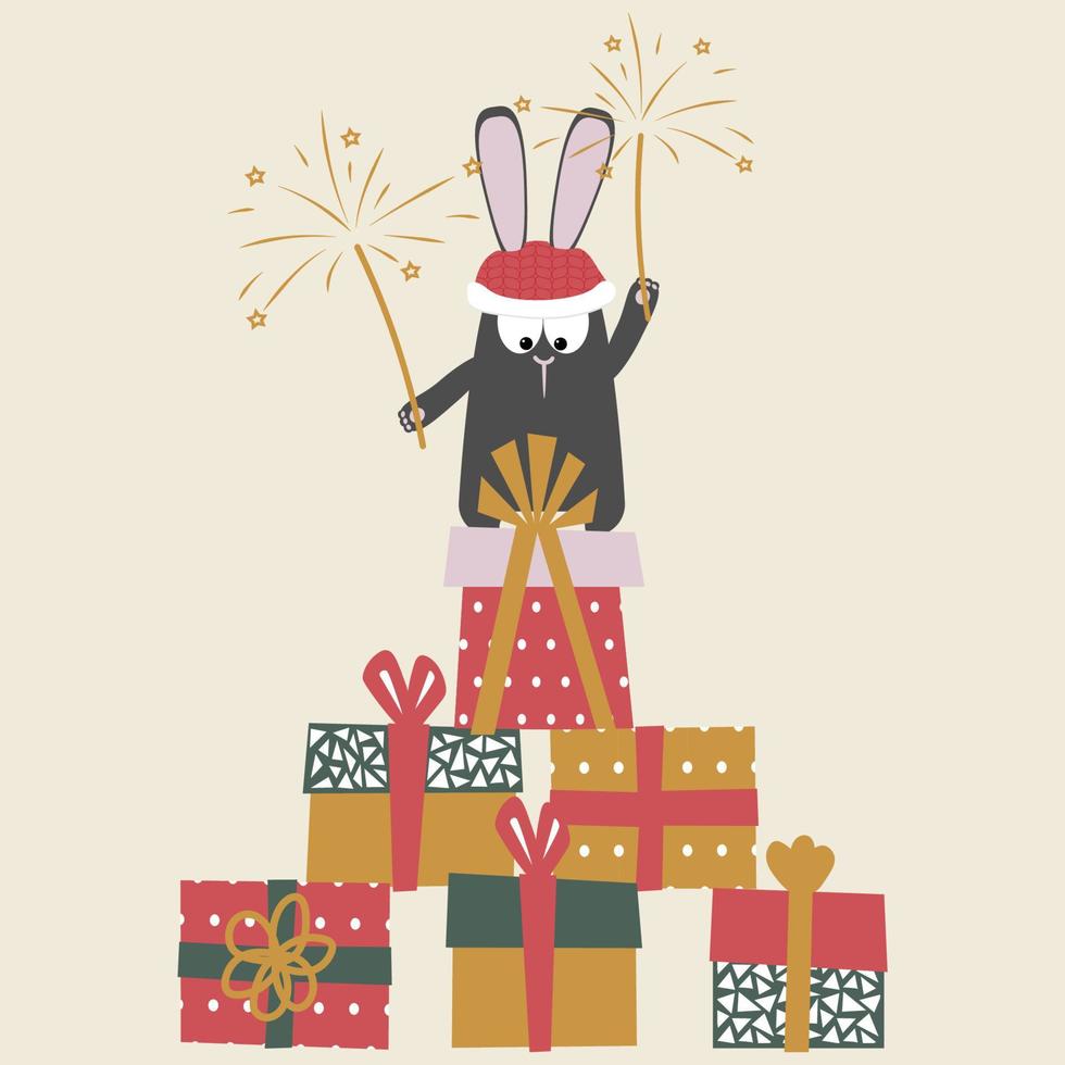 A black rabbit with fireworks stands on a mountain of gifts in the form of a Christmas tree. Vector illustration of the symbol of 2023. Chinese calendar