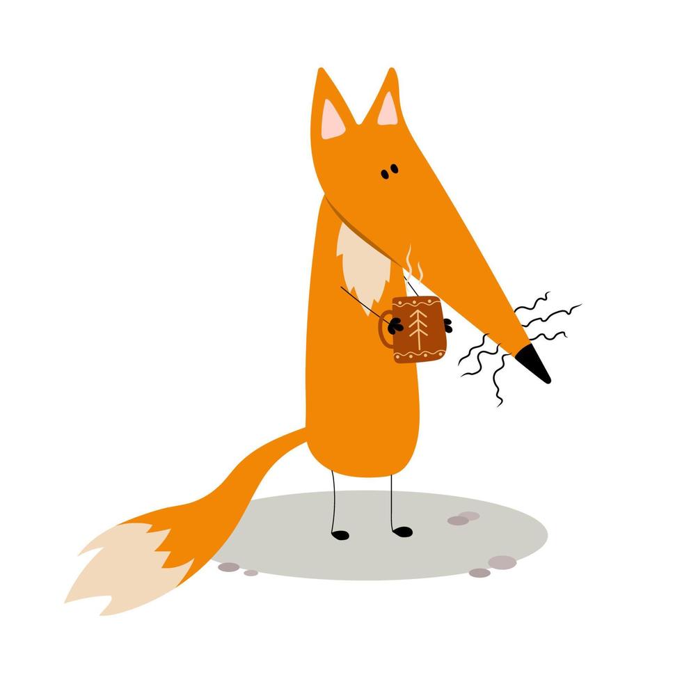 adorable red fox with a cup of hot drink. Cute Cartoon clip art for Christmas or New year. Vector Illustration