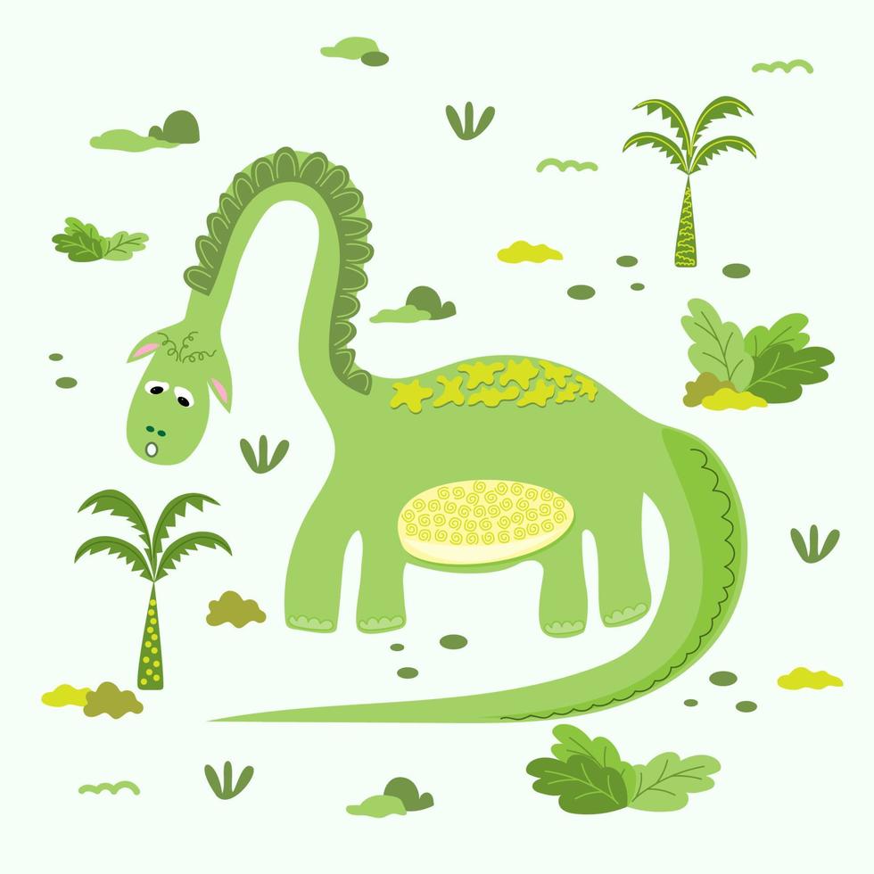 lindo dinosaurio verde dibujado al estilo de los niños con elementos decorativos. brontosaurus, diplodocus, brachiosaurus para imprimir en cosas de niños. estilo de dibujo vectorial de moda vector