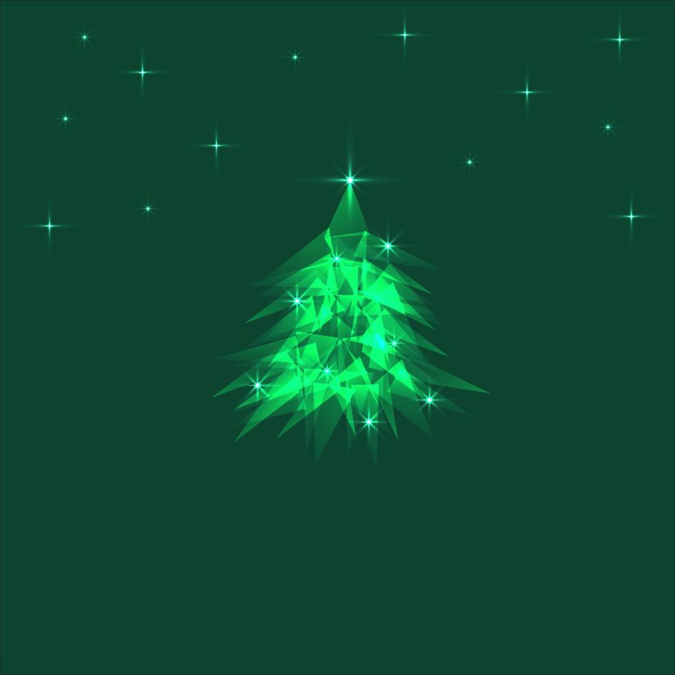 Vector glowing green Christmas tree made of triangles with lights. Festive design element. Card.